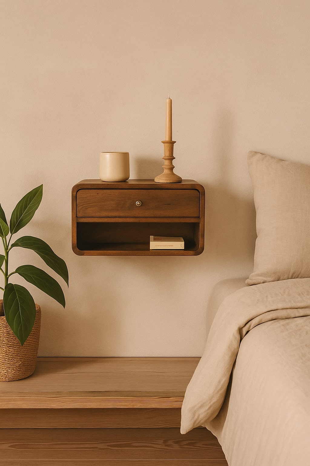 Solid Wood Curve Floating Nightstand with Drawer - Chestnut