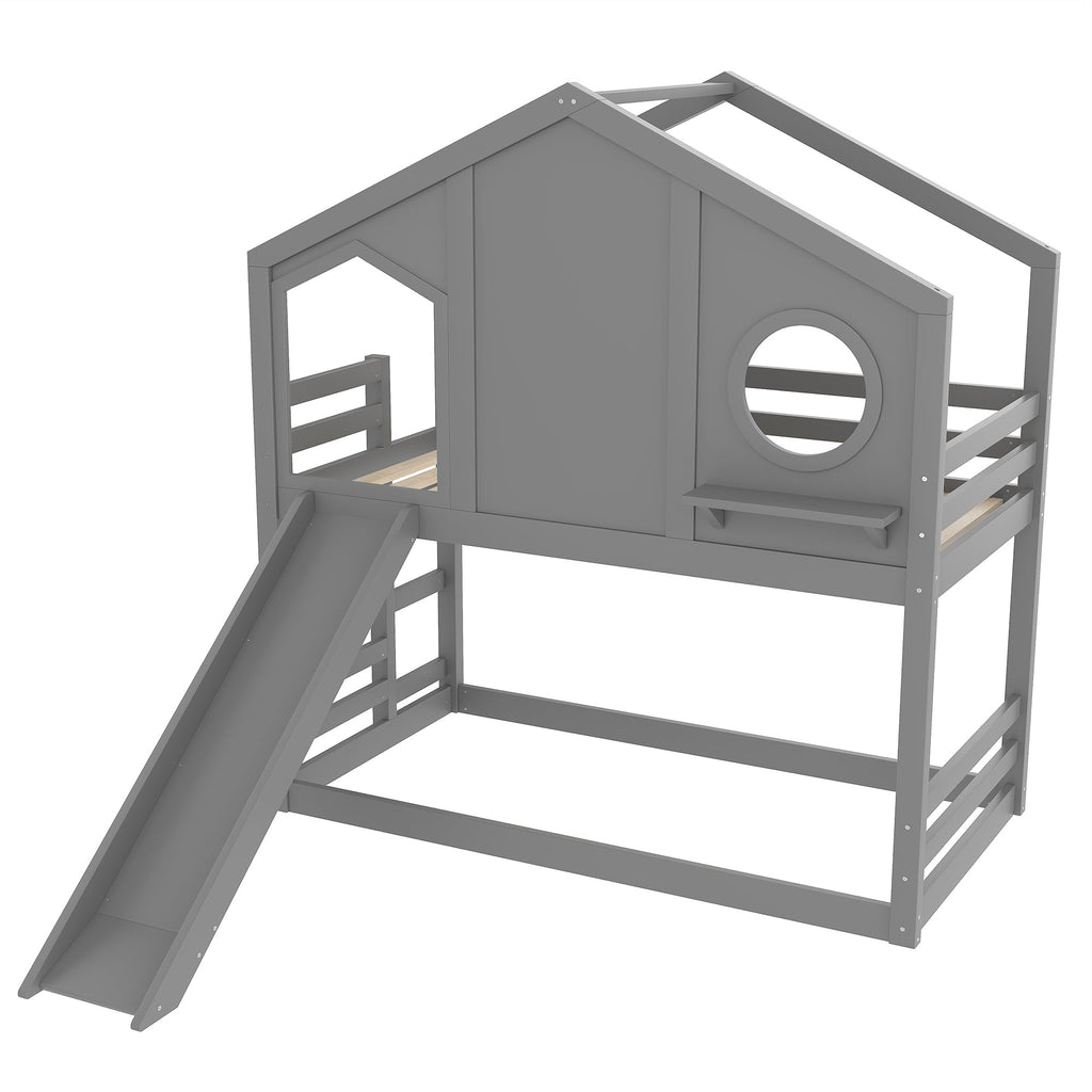 Twin House Bunk Bed with Slide and Storage Shelves - Pine Wood