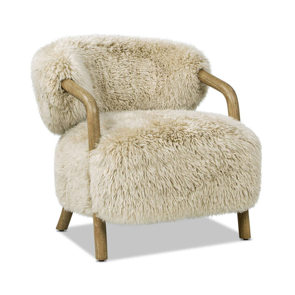 Rustic Oak Sheepskin Upholstered Arm Chair with Ergonomic Comfort - Taupe Beige