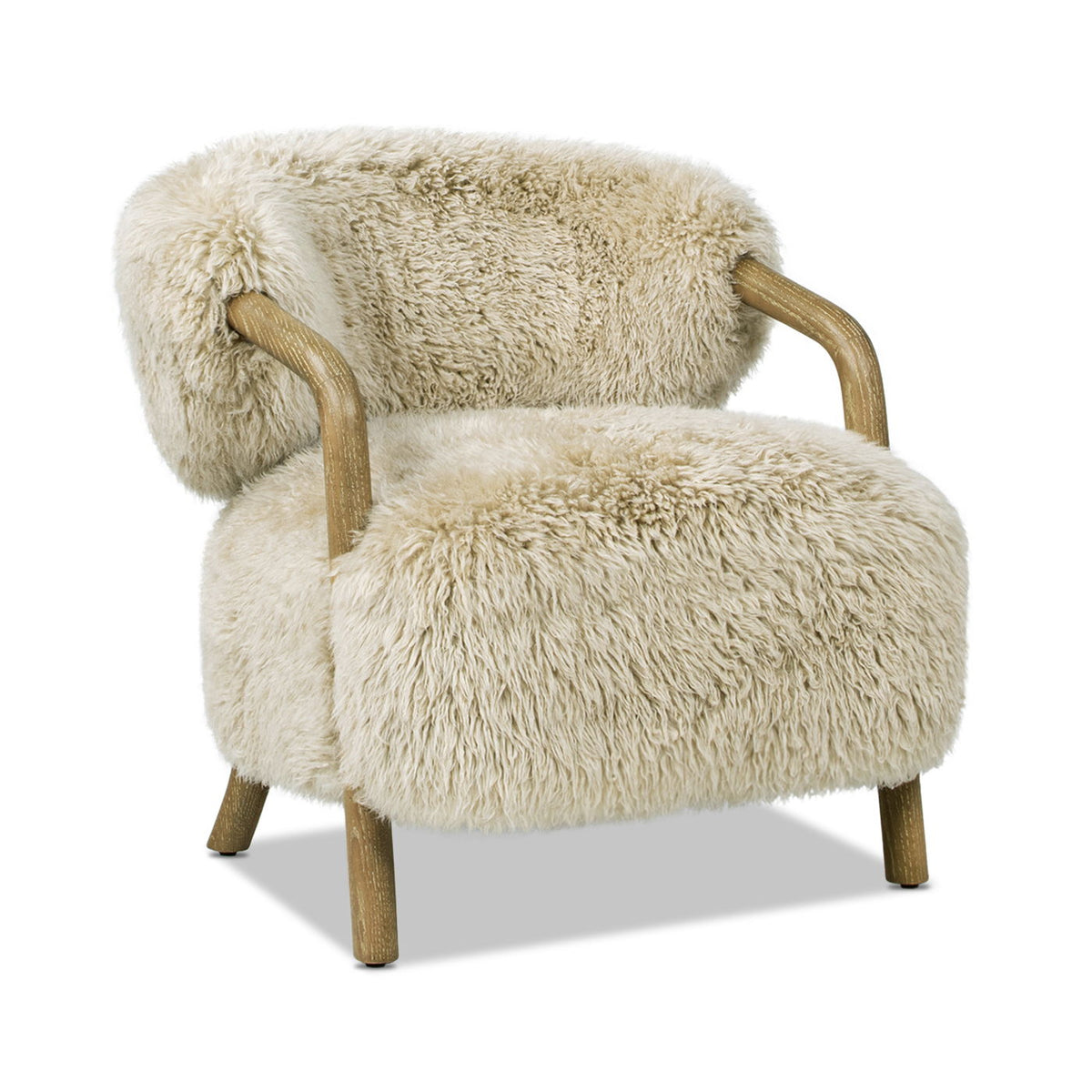 Rustic Oak Sheepskin Upholstered Arm Chair with Ergonomic Comfort - Taupe Beige