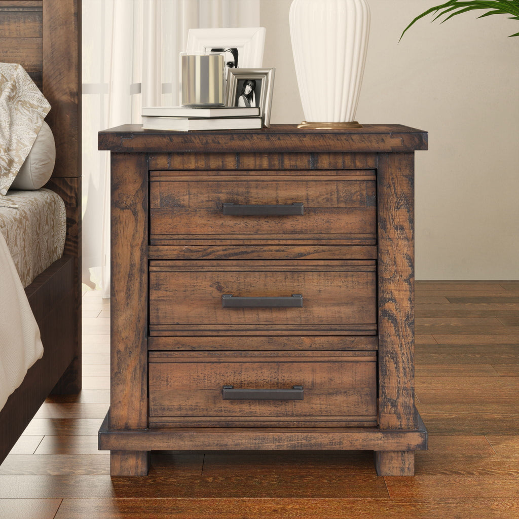 Dark Brown 3 Drawer Nightstand with Antique-Inspired Details - Dark Brown