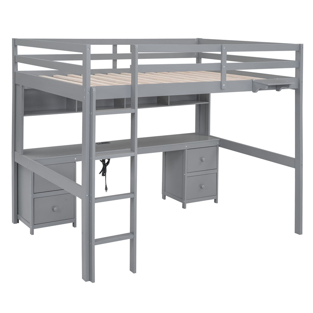 Loft Bed with Desk, Cabinets, Drawers and Charging Station - Full Size