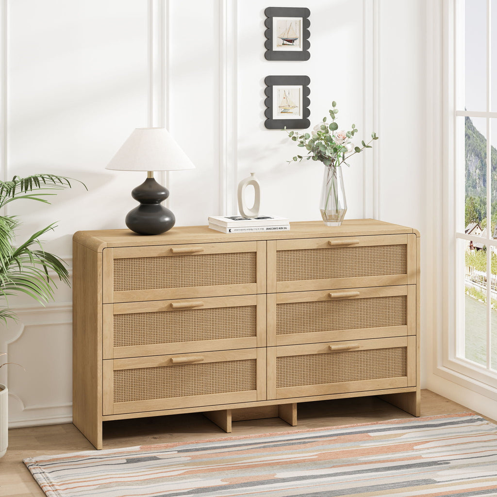 Modern Arc Shaped Rattan Accent Cabinet with 6 Drawers - Light Brown