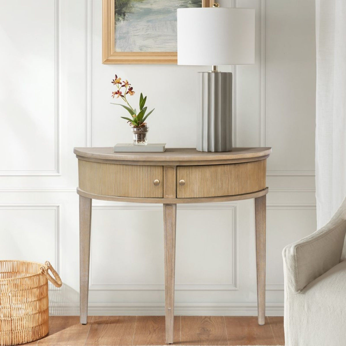 Vintage Inspired Storage Console Table with Fluted Doors - Light Brown