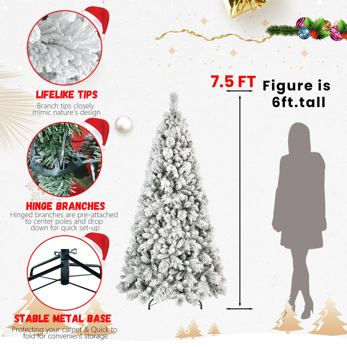 7FT Flocked Christmas Tree with Hinged Design - Snowy White