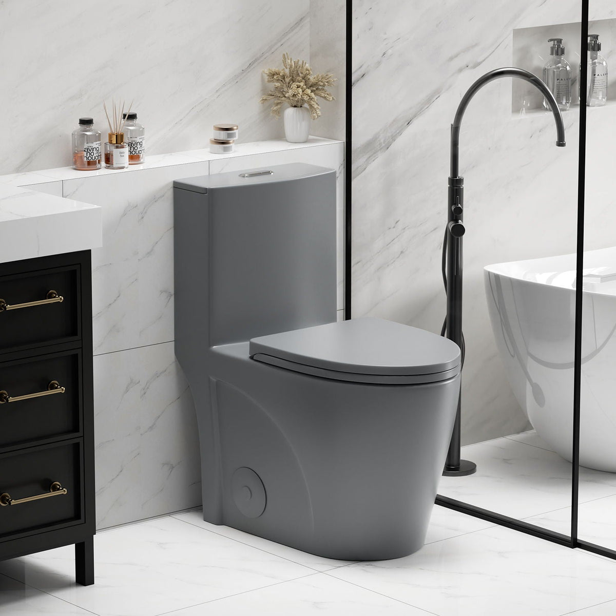 1 Piece Toilet with Tornado Flush and Dual Flush - ADA Height Chair - Gray, Pink, or Black
