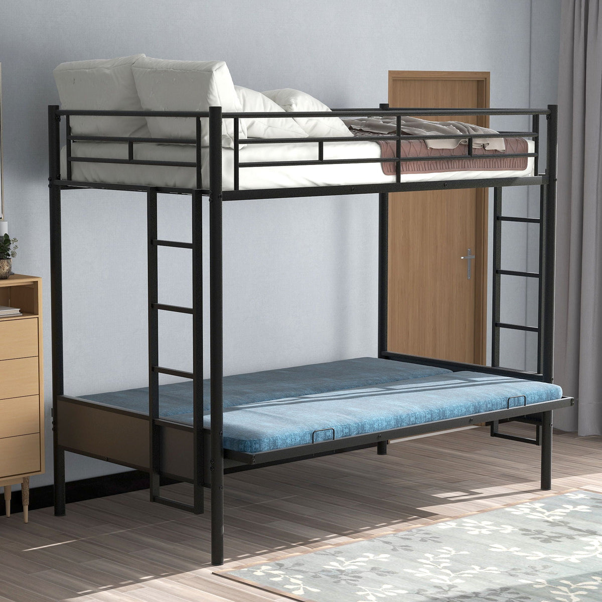 Twin Over Full Bunk Bed with Convertible Futon Sofa - Black