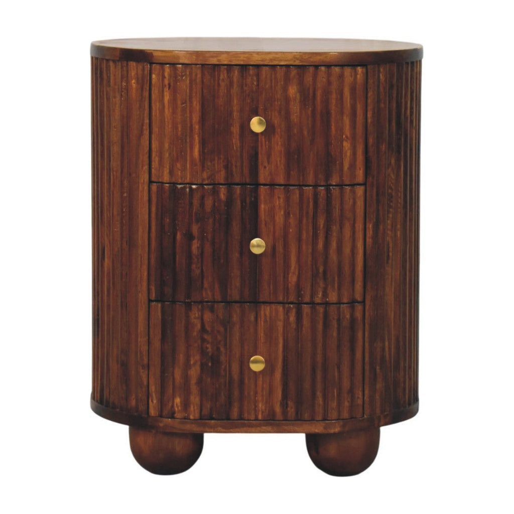 Solid Wood Curved Fluted Nightstand with Three Drawers - Chestnut