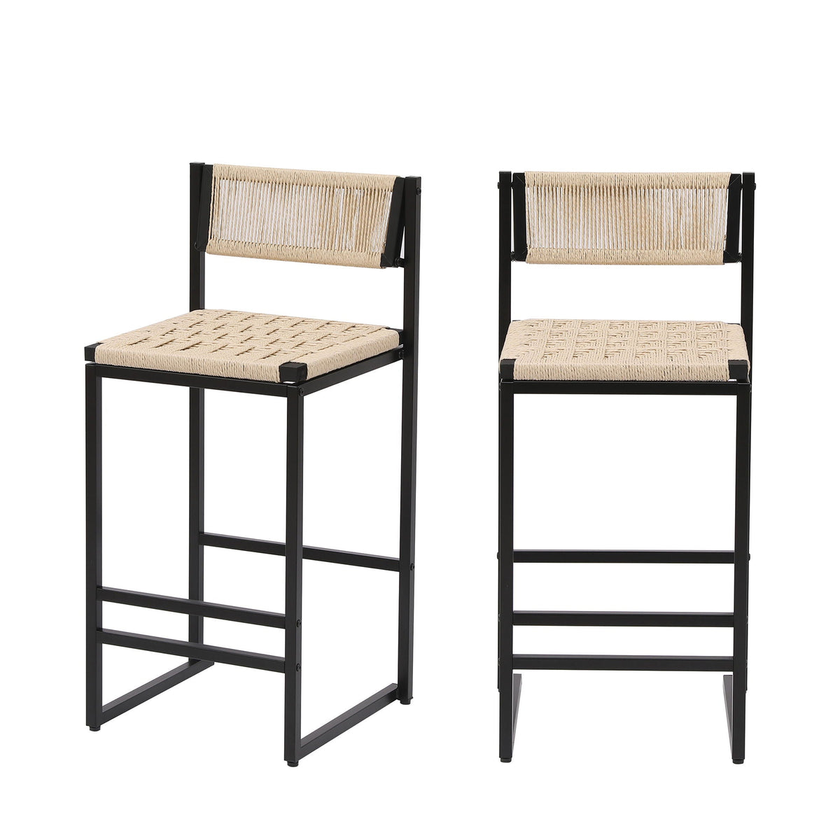 Creamy White Woven Bar Stools with Backrest - Paper Rope Seats