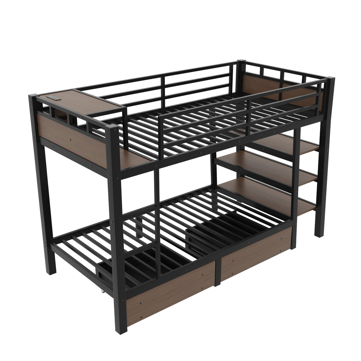 Twin Size Metal Bunk Bed with Storage Shelves and LED Light Strip - Black