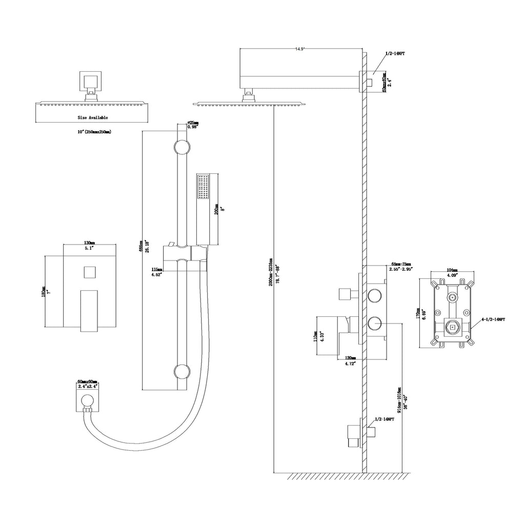 Modern Shower System with Adjustable Slide Bar - Black or Gray
