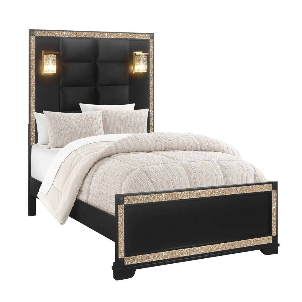 Bed With Lamps and Padded Headboard - Black