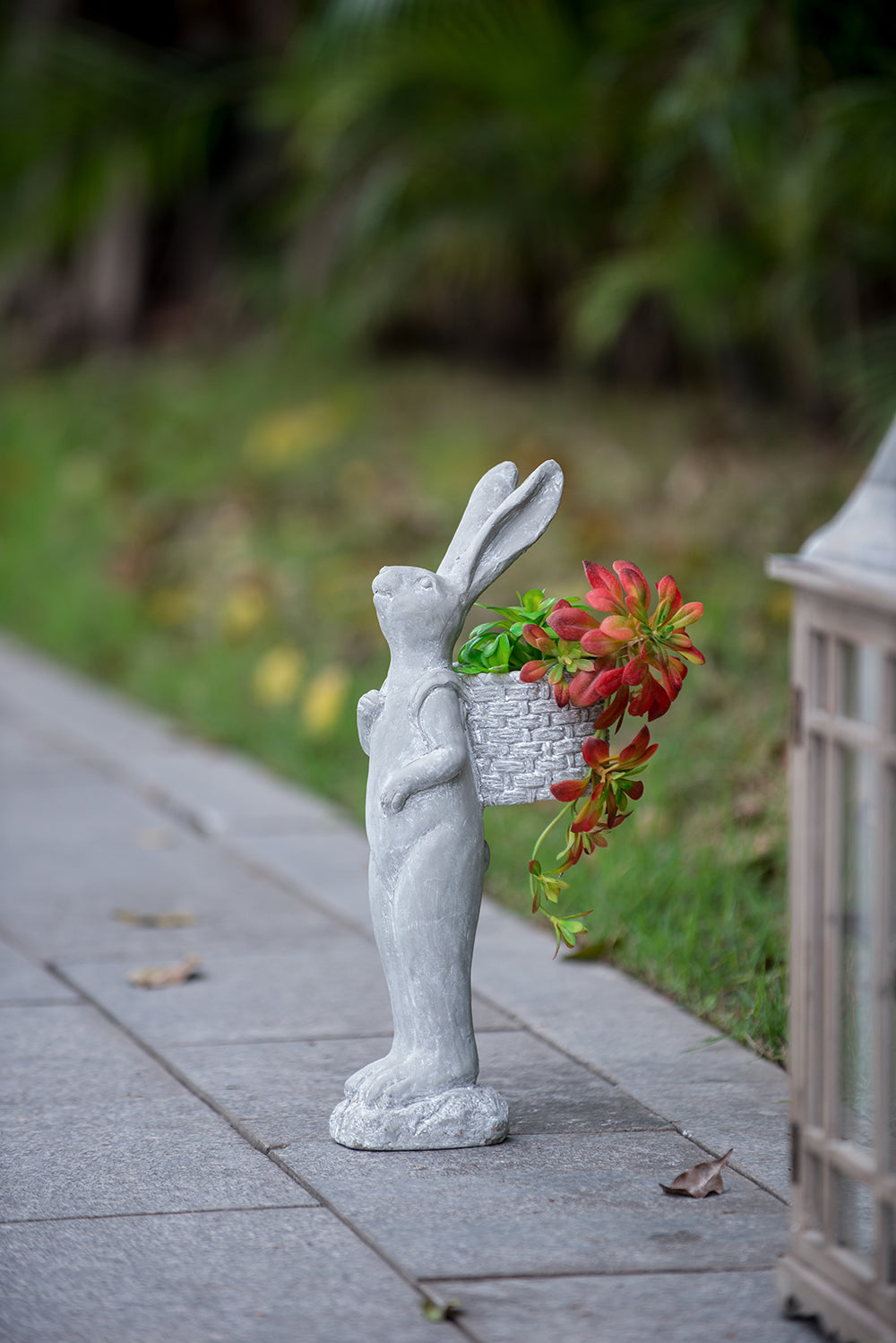 Tall Cement Rabbit Planter with Basket - Organic Gray