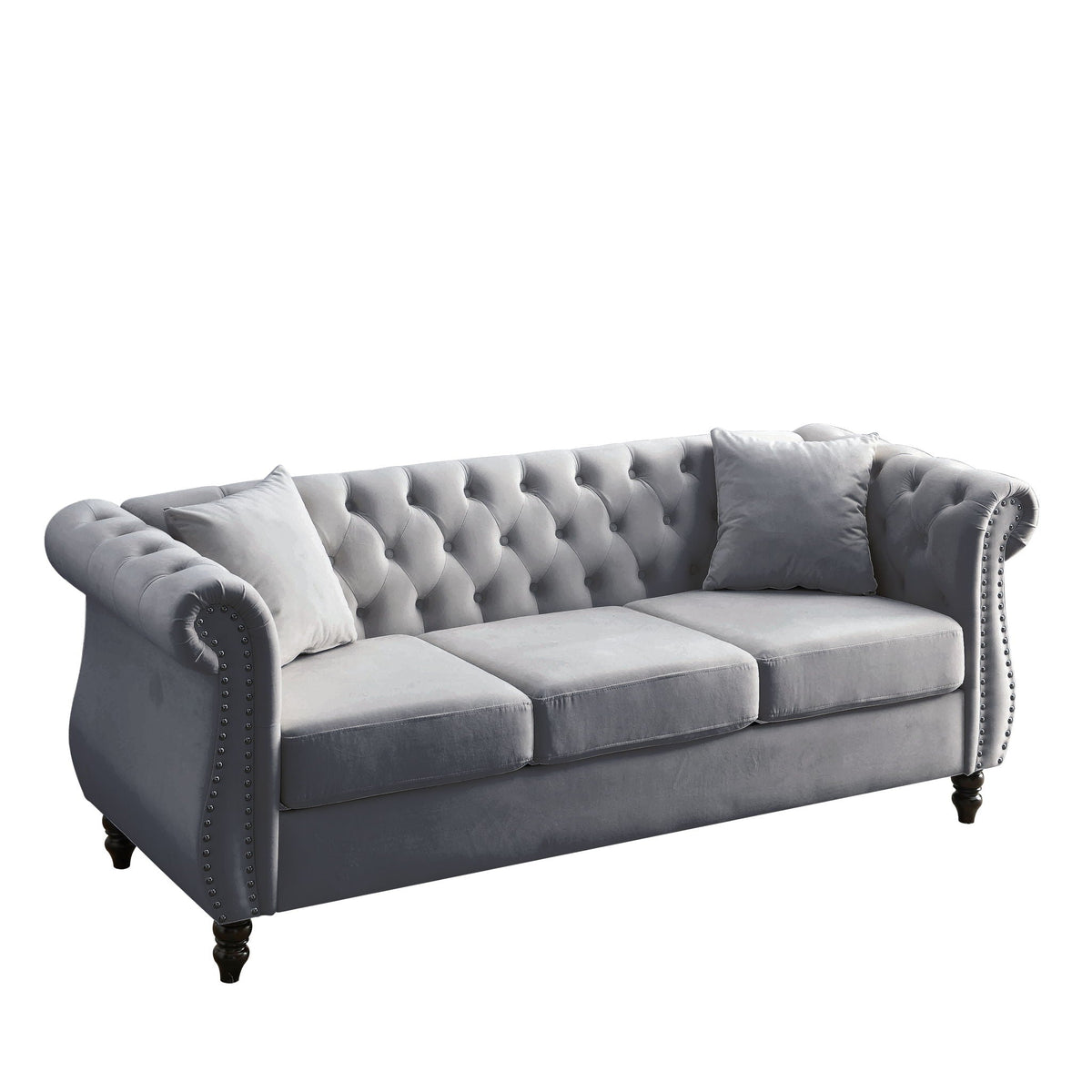 Chesterfield Sofa with Rolled Arms and Nailhead Trim – Solid Wood Frame