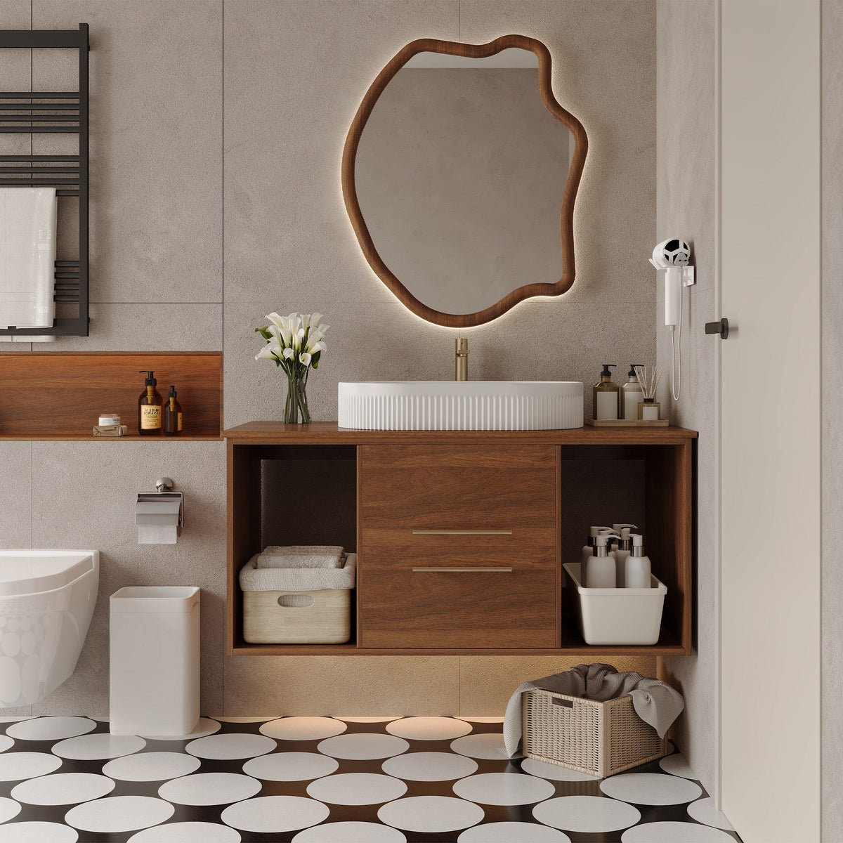 Wall-Mounted Bathroom Vanity with Ceramic Sink - Solid Wood, Floating Design