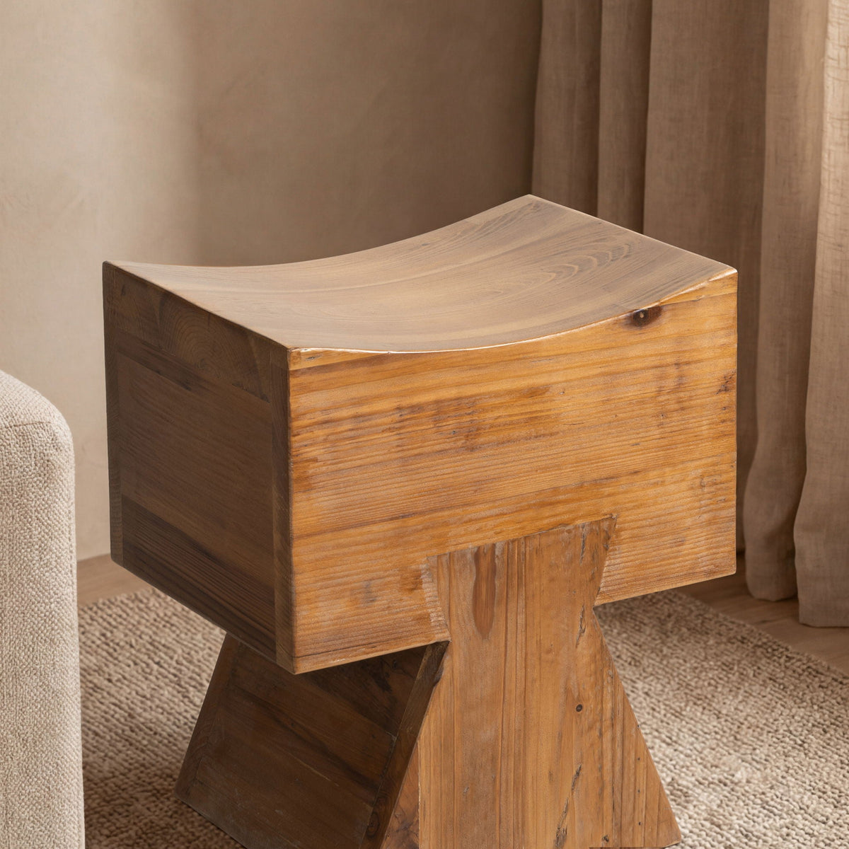 Brown Reclaimed Wood Stool Ottoman with Sculptural Saddle Seat