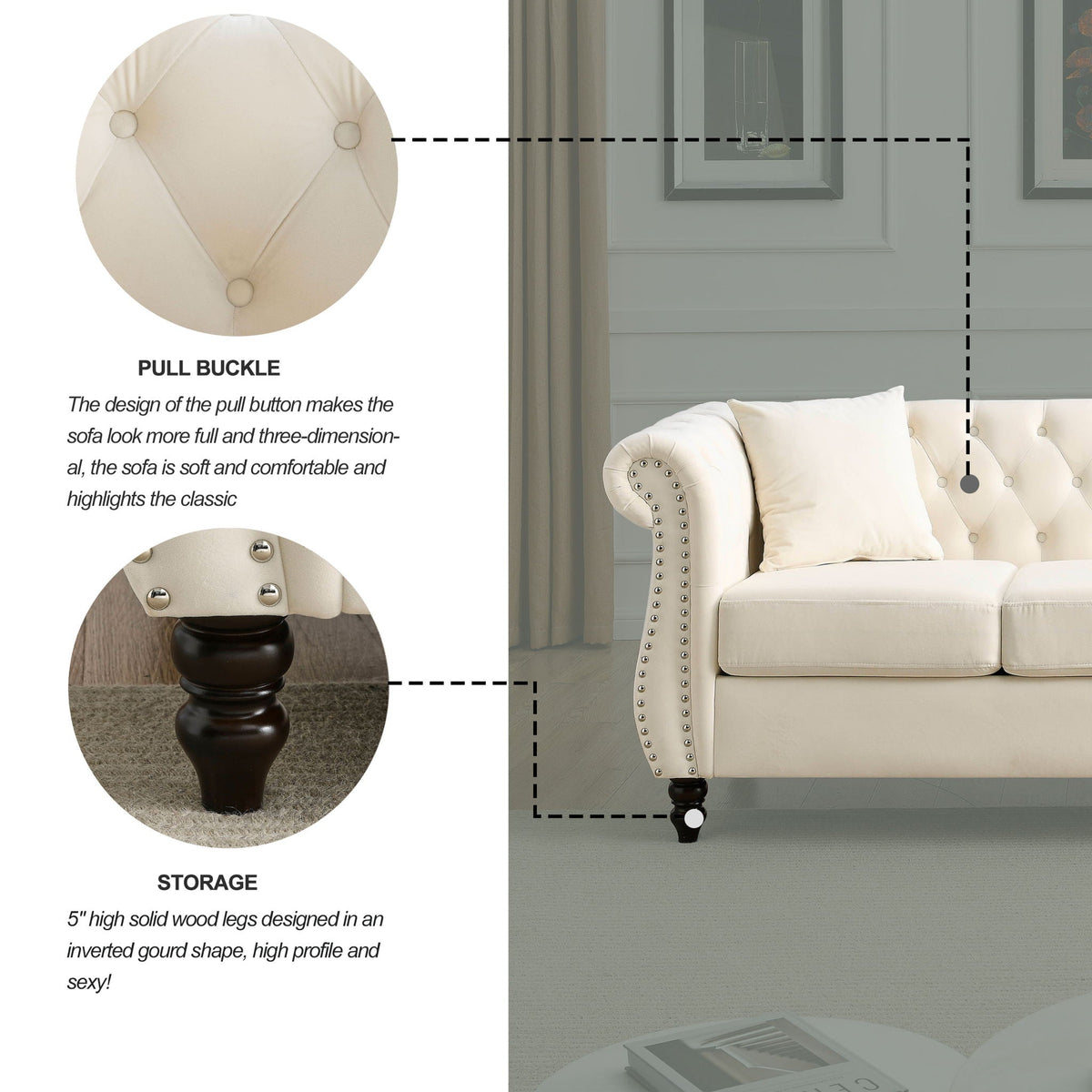 Chesterfield Sofa with Rolled Arms and Nailhead Trim – Solid Wood Frame