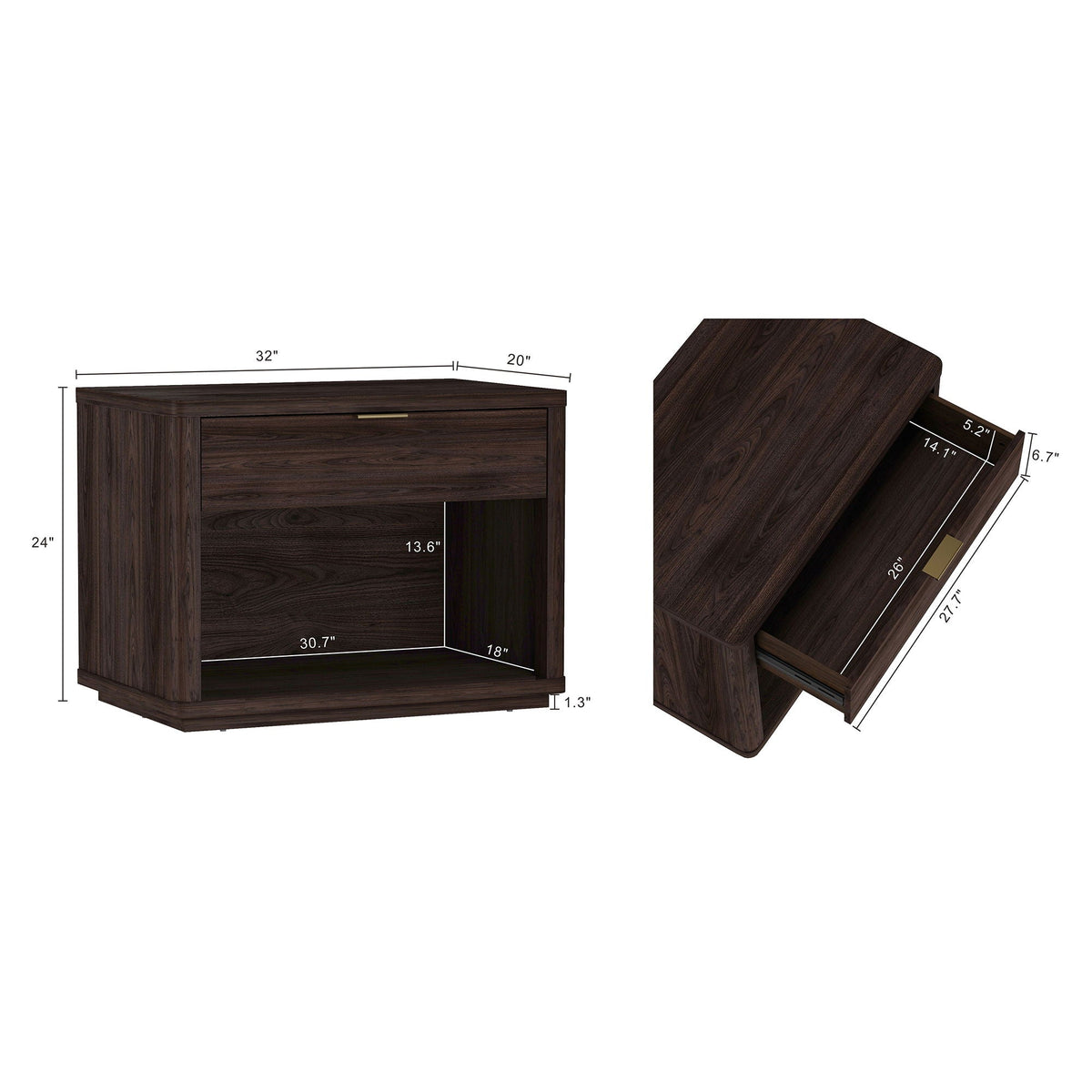 Evelyn Nightstand with 1 Drawer and Open Shelf - Dark Gray, Dark Brown, Light Brown
