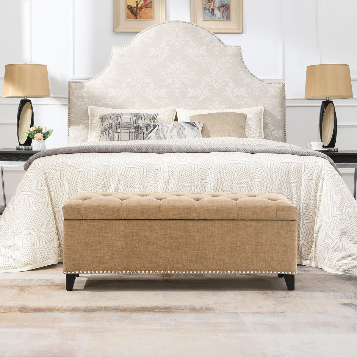 Button-Tufted Storage Ottoman with Safety Close Hinge - Light Brown or Black