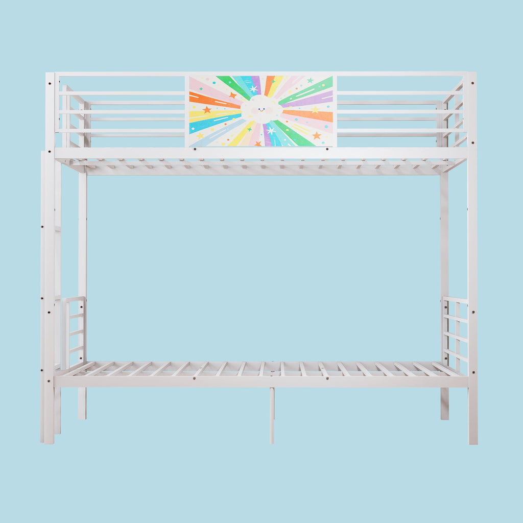 Convertible Metal Bunk Bed with Full-Length Guardrail and Ladder - White