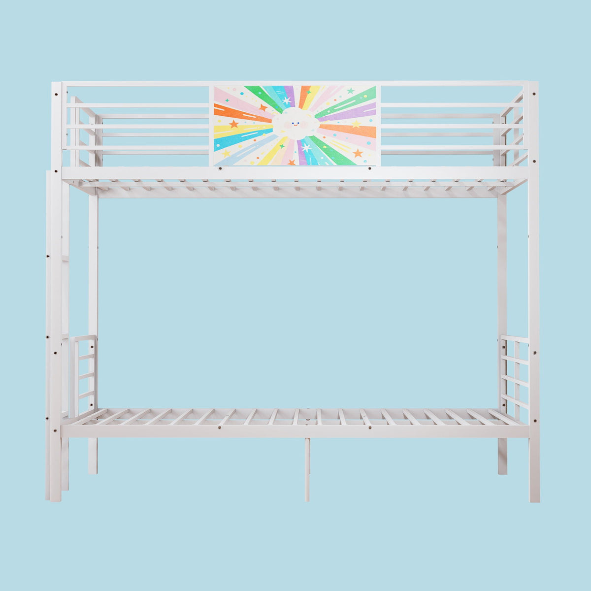 Convertible Metal Bunk Bed with Full-Length Guardrail and Ladder - White