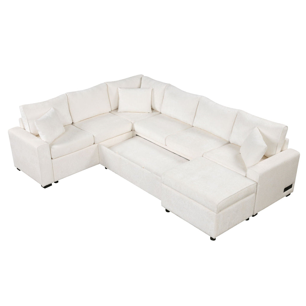 Sleeper Sectional Sofa with Storage Ottoman and USB Charging - White or Dark Gray