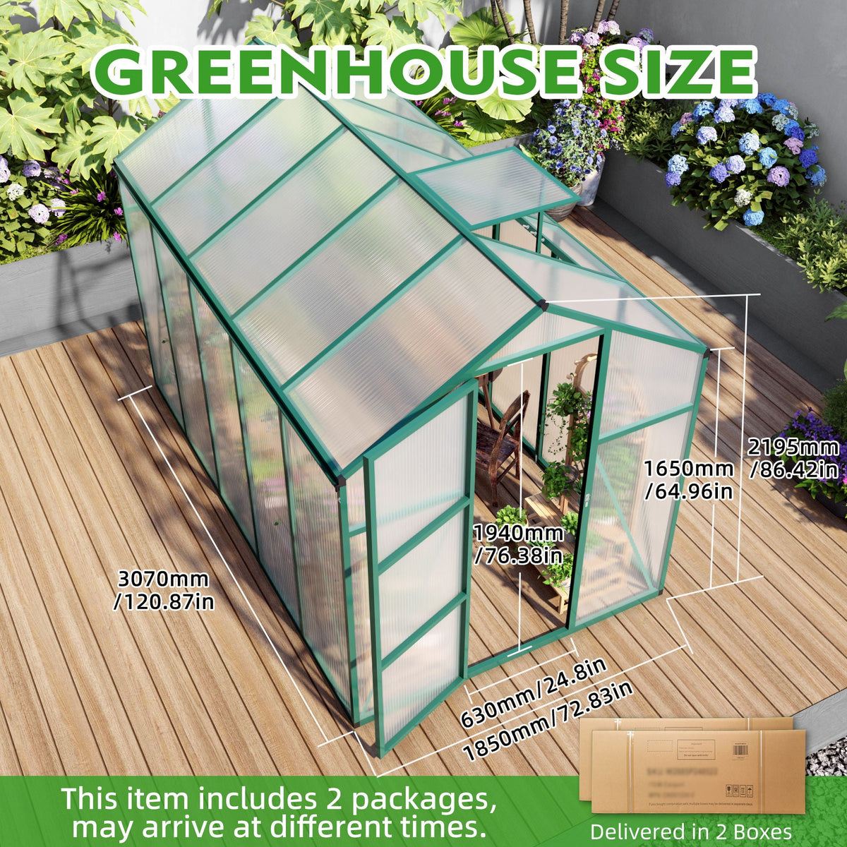 Polycarbonate Walk-In Greenhouse with Raised Base - Green