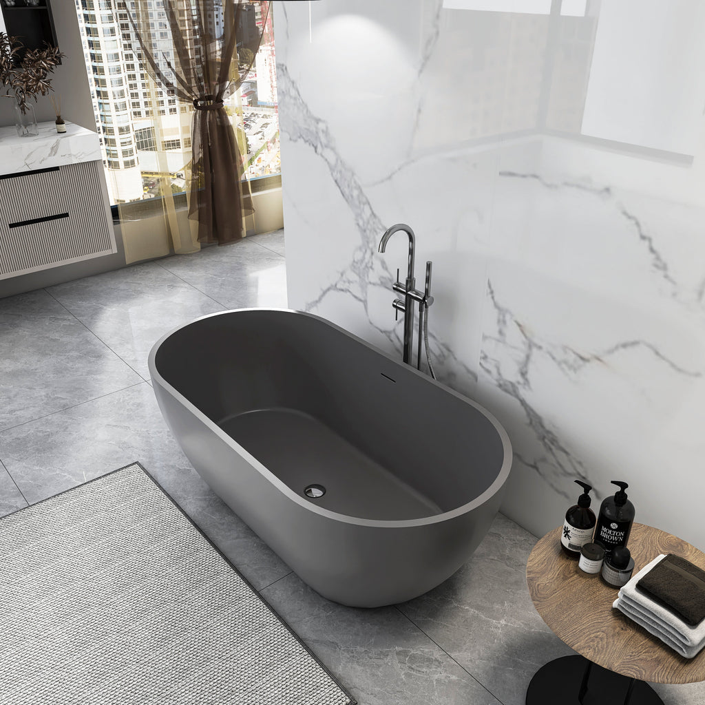 59 Inch Solid Surface Oval Freestanding Bathtub with Modern Oval Design - Dark Grey or Black