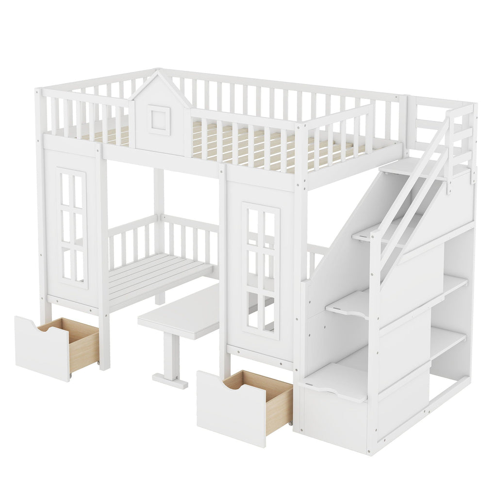 Twin Over Twin Bunk Bed with Convertible Desk - Pink or White