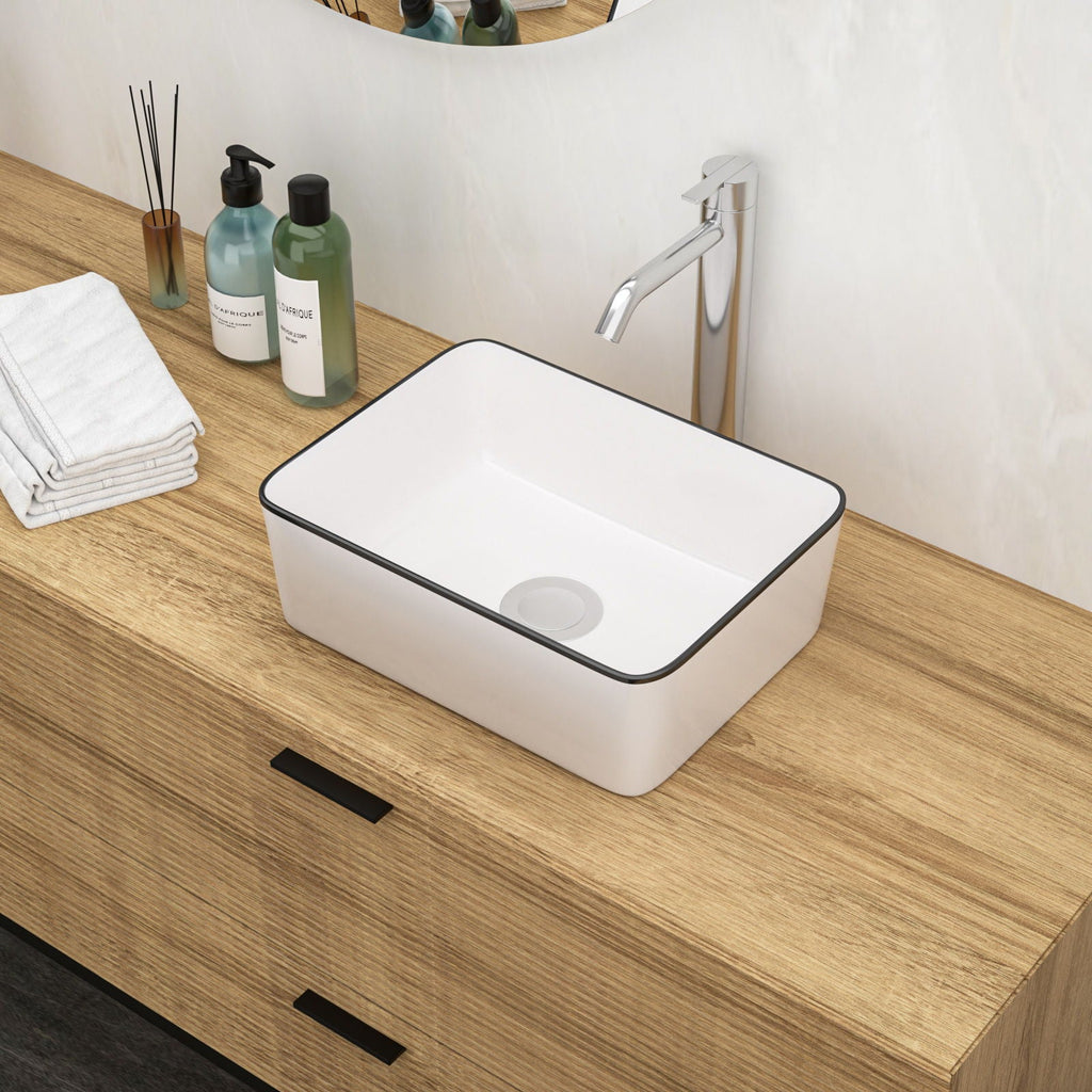 Modern European Style Ceramic Rectangular Vessel Bathroom Sink with Above-Counter Installation - Black or Gold