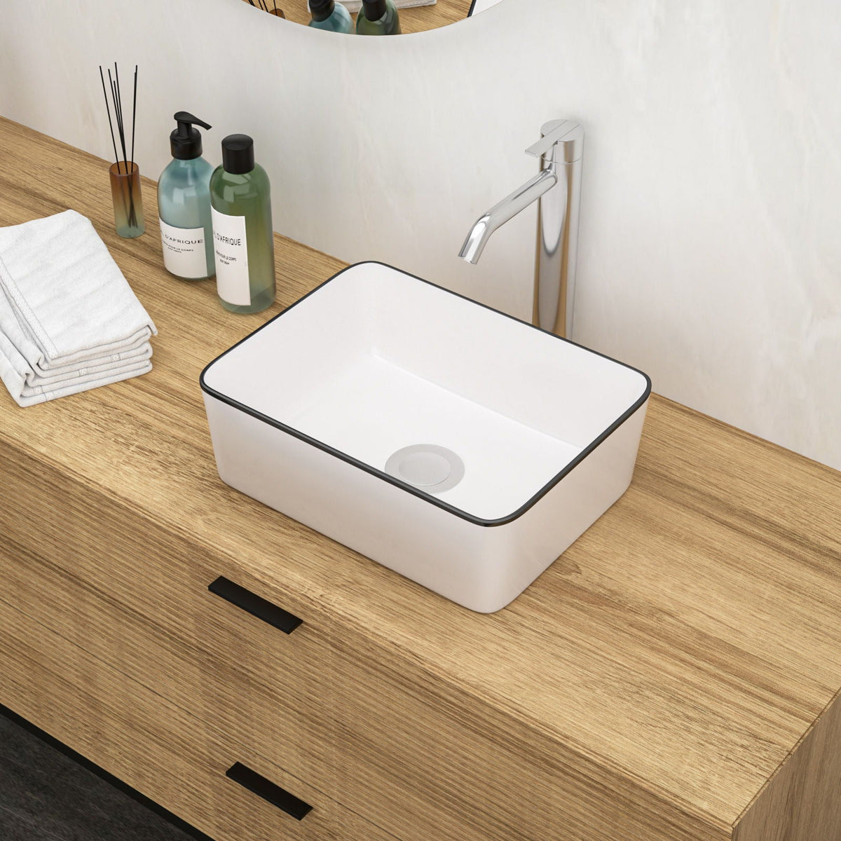 Modern European Style Ceramic Rectangular Vessel Bathroom Sink with Above-Counter Installation - Black or Gold