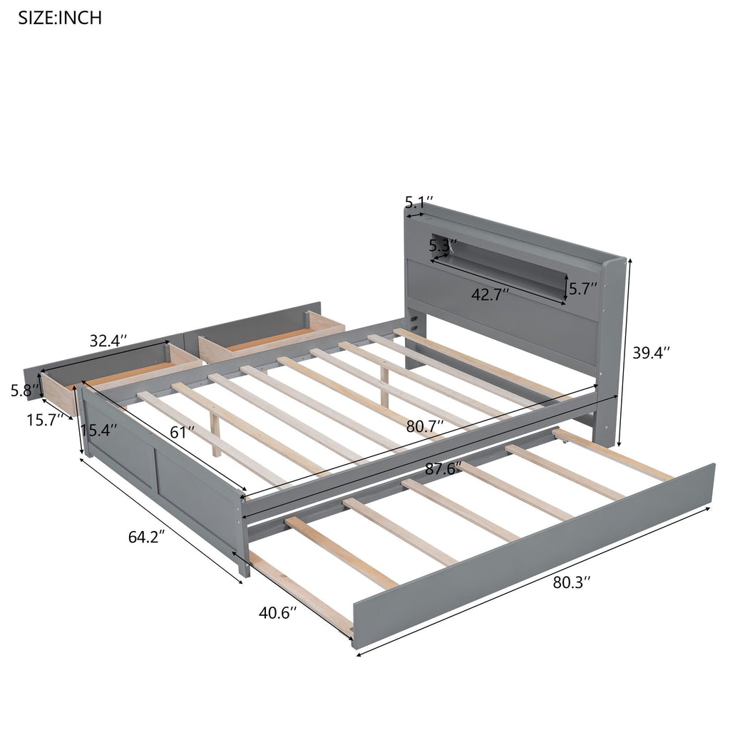 Storage Platform Bed with LED Lights, 2 Drawers and Trundle - Queen