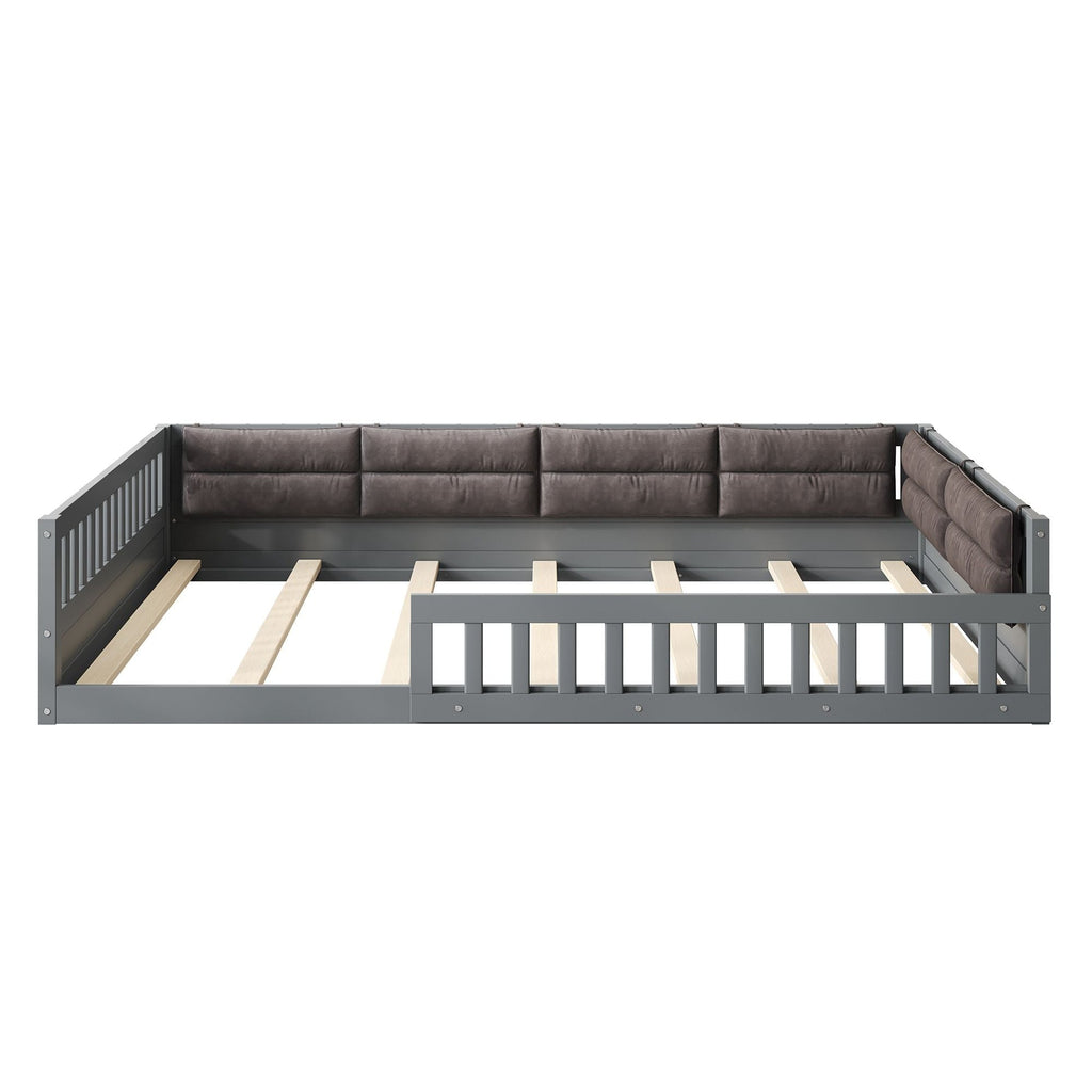 Upholstered Platform Bed with Guardrail and Pillow - Dark Gray