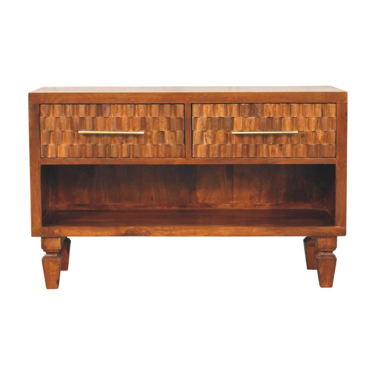 Solid Wood Cadiz Carved Shoe Bench with Open Storage Shelf - Chestnut
