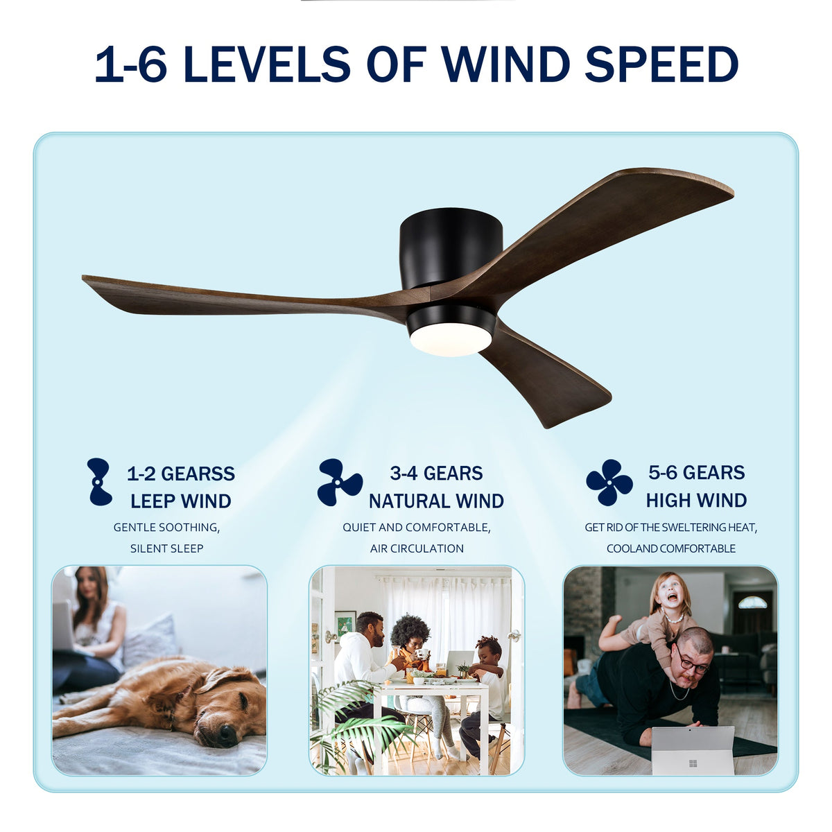 52" Flush Mount Solid Wood Blades Ceiling Fan with Lights - Matte Black