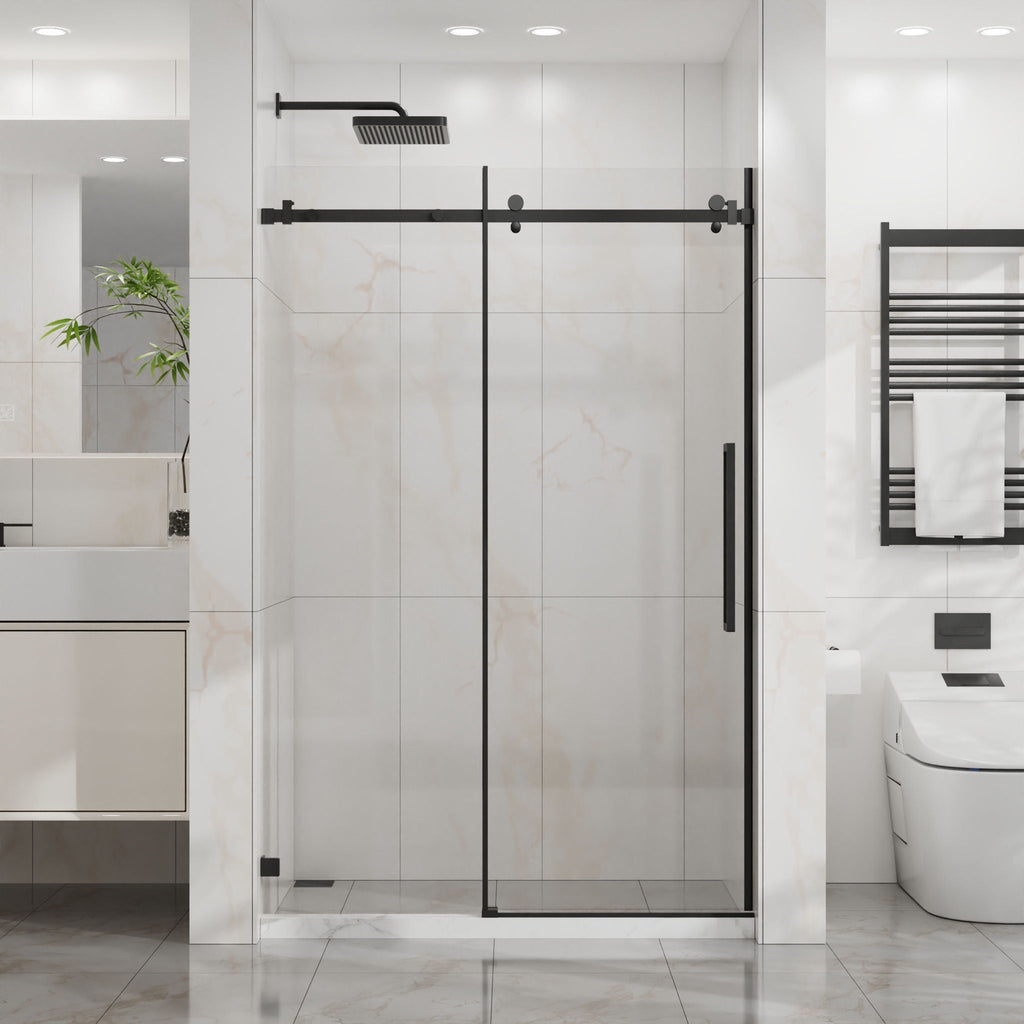 Frameless Tub Sliding Shower Door with Easy Clean Coating - Black or Pearl Silver