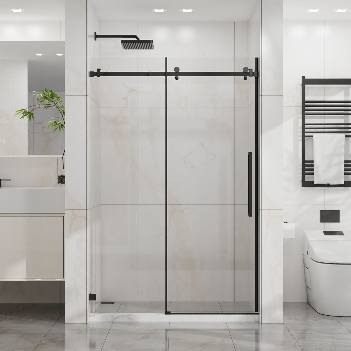 Frameless Tub Sliding Shower Door with Easy Clean Coating - Black or Pearl Silver