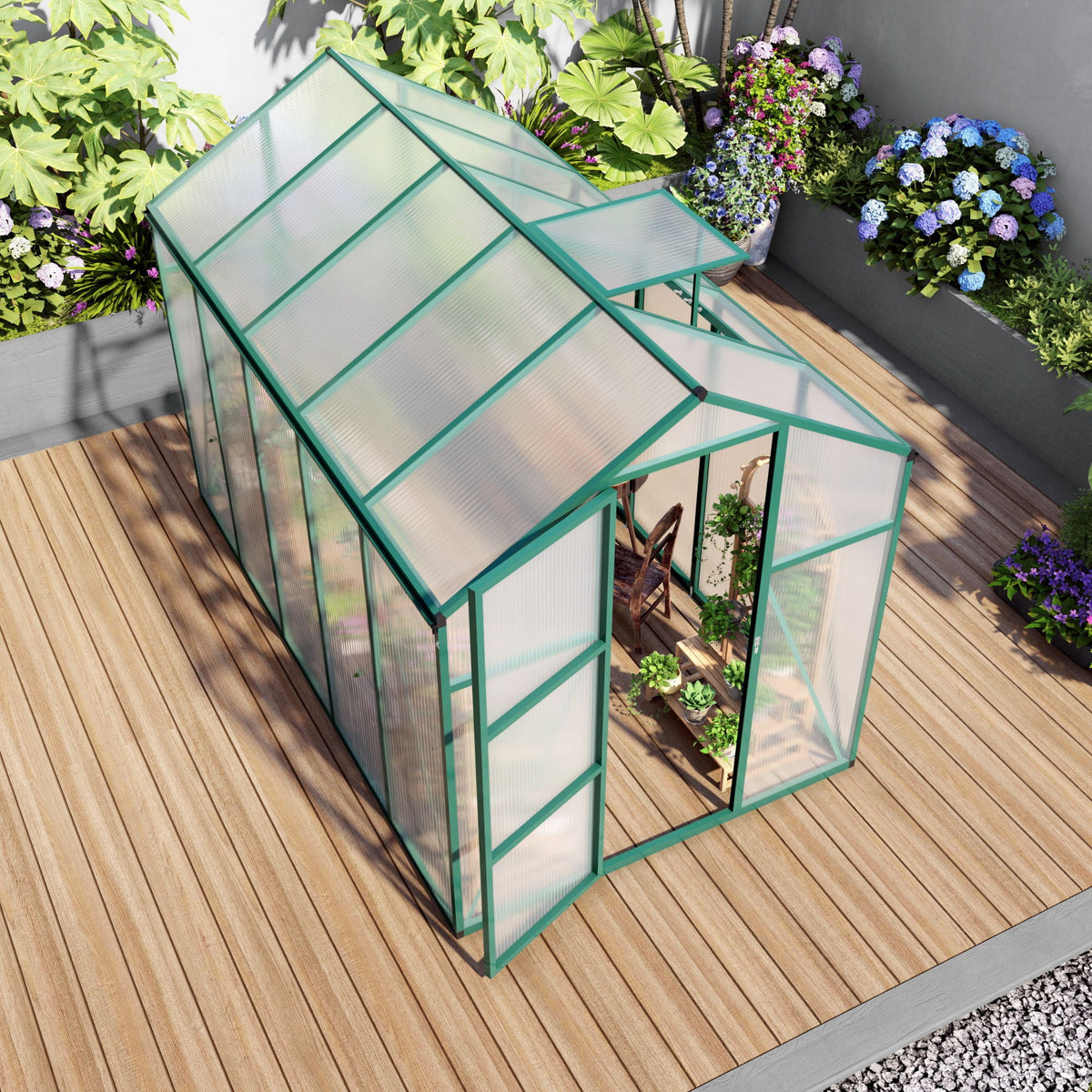Polycarbonate Walk-In Greenhouse with Raised Base - Green
