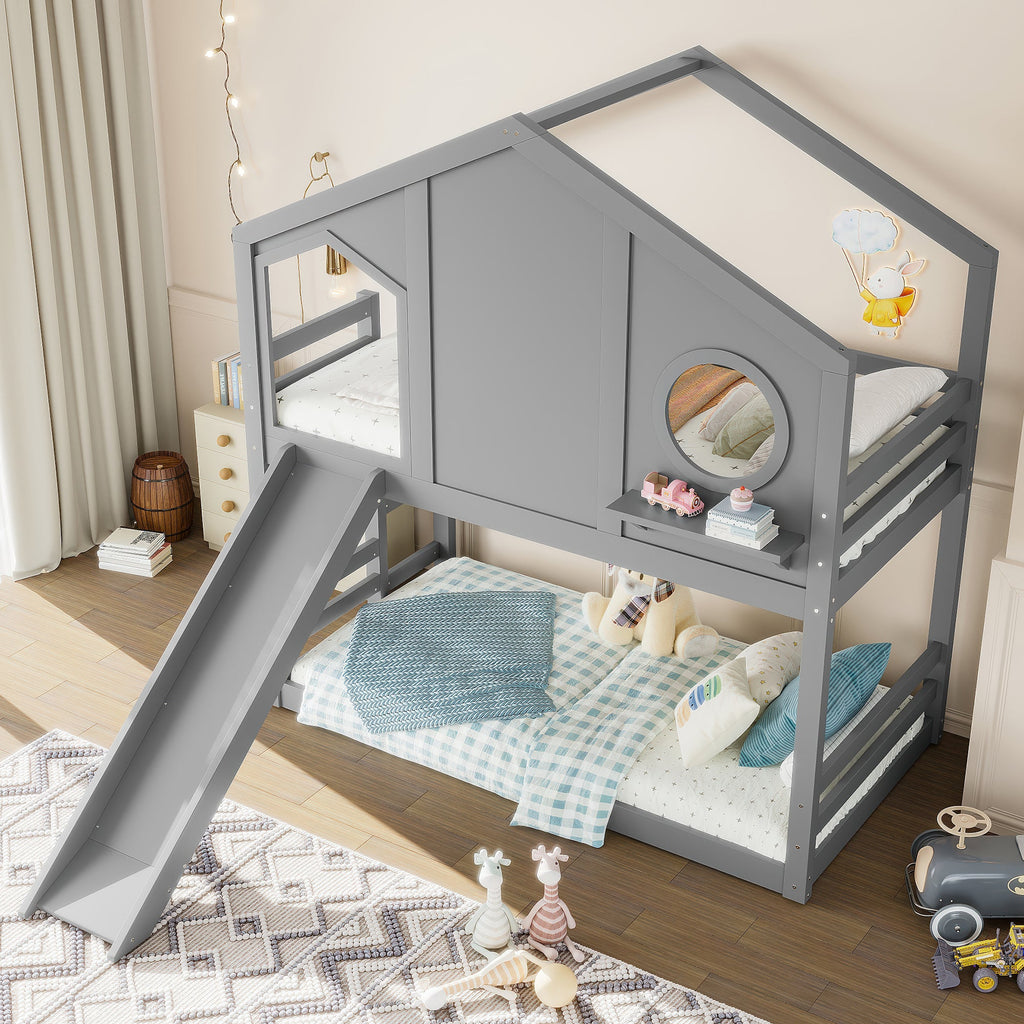 Twin House Bunk Bed with Slide and Storage Shelves - Pine Wood