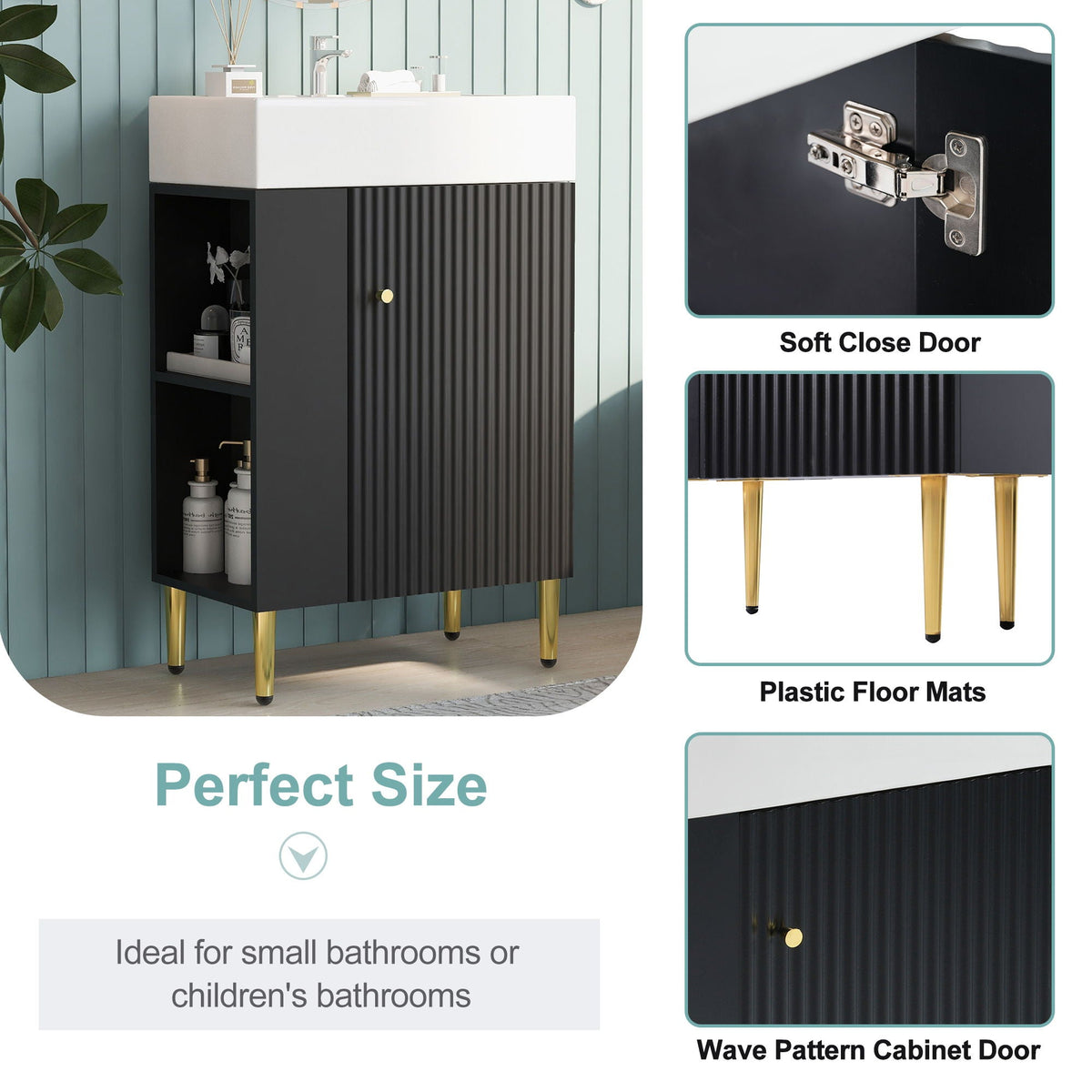Bathroom Vanity with Single Ceramic Sink and Side Storage - Multiple Colors