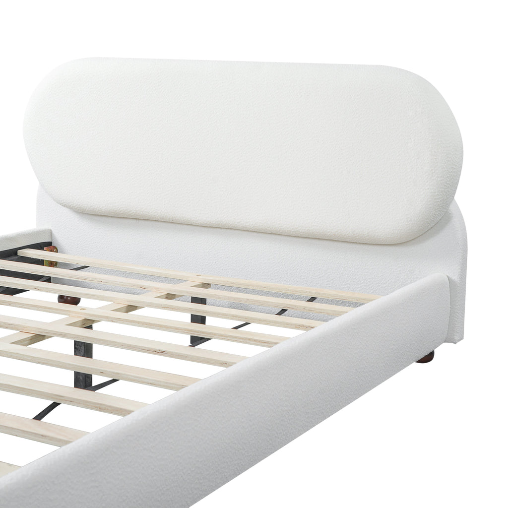 Cream Boucle Upholstered Queen Bed with Rubber Wood Foot