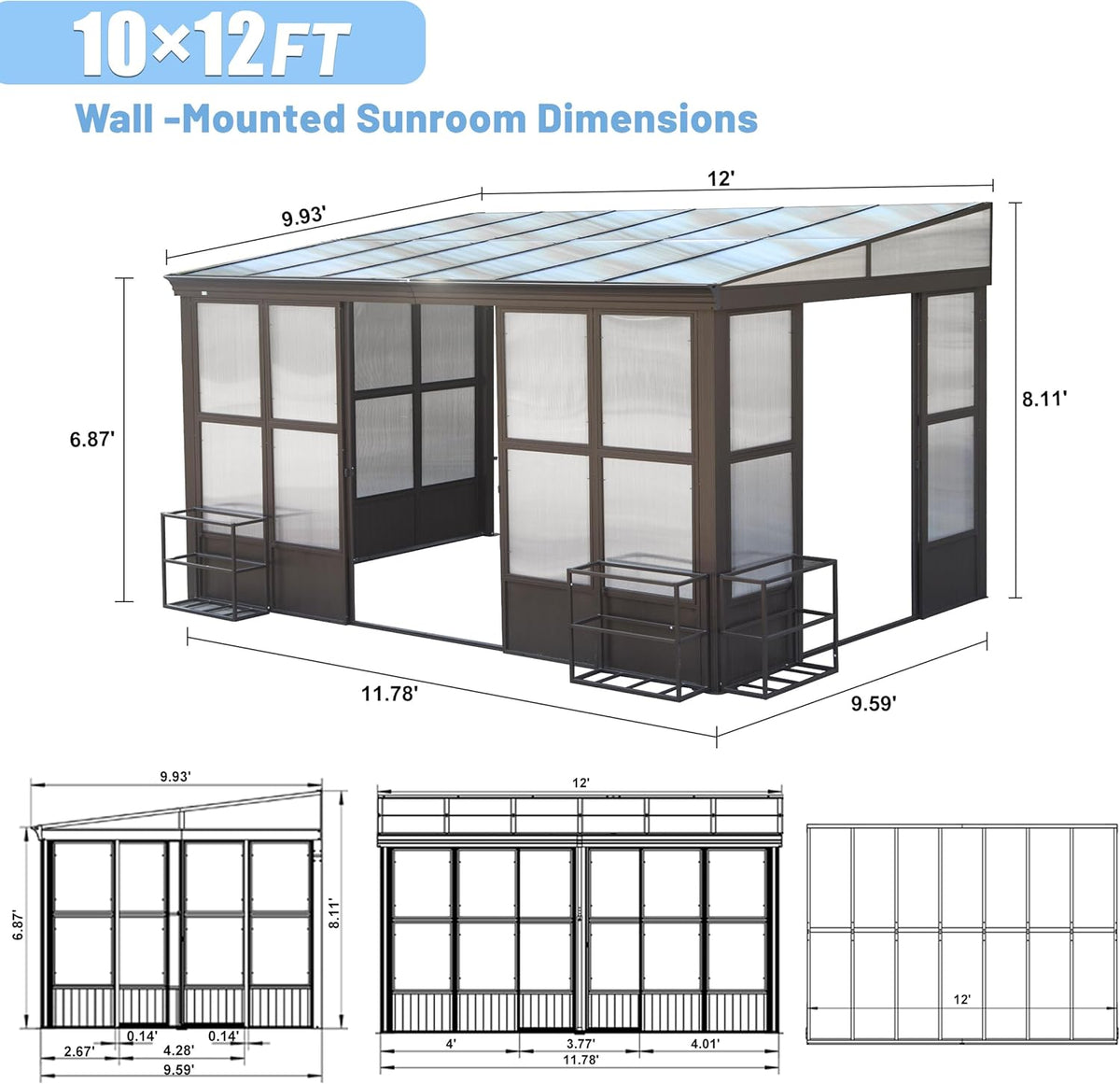 10x12FT Aluminum Sunroom with Detachable Windows - Dark Brown