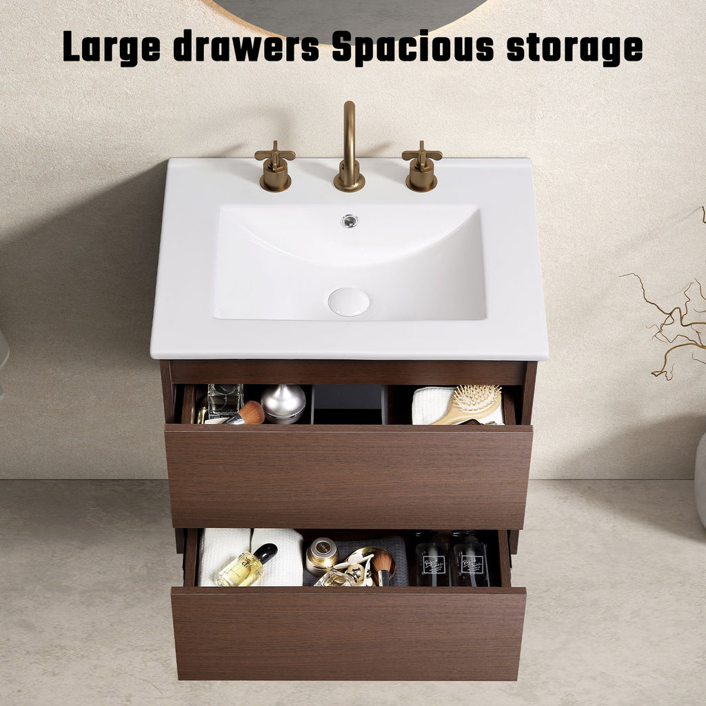 Bathroom Vanity with Wall Hang Storage and Porcelain Basin - Brown / White