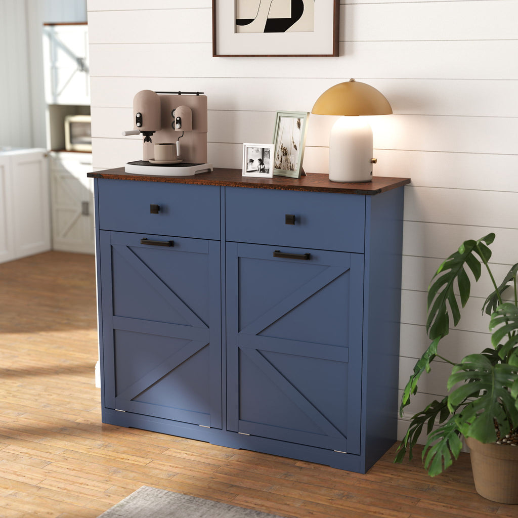 Double Tilt Out Trash Cabinet with Hideaway Drawer - Barn Door Style