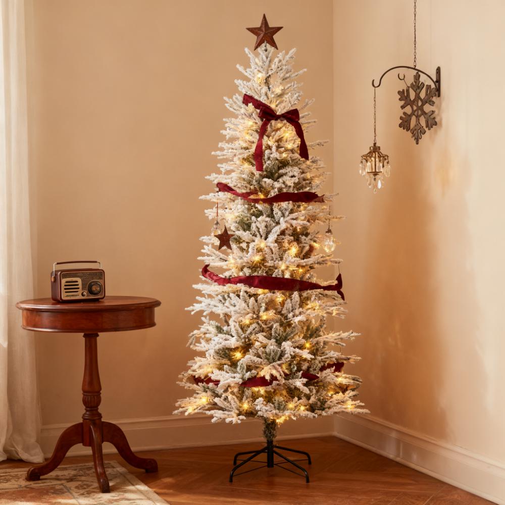 Pre Lit Artificial Flocked Christmas Tree with Snow Branches - 7.5ft