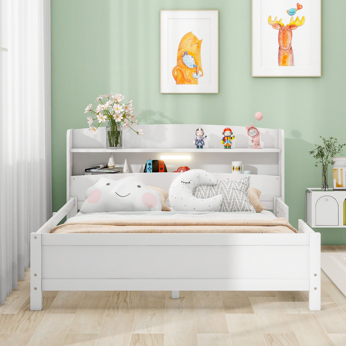 Wood Platform Storage Bed with LED Light & Storage Headboard - White or Dark Gray