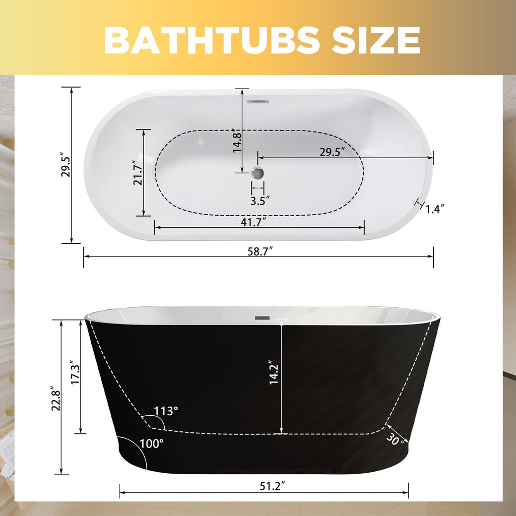 Glossy Freestanding Bathtub with Toe Tap Drain - Multiple Sizes, White or Black