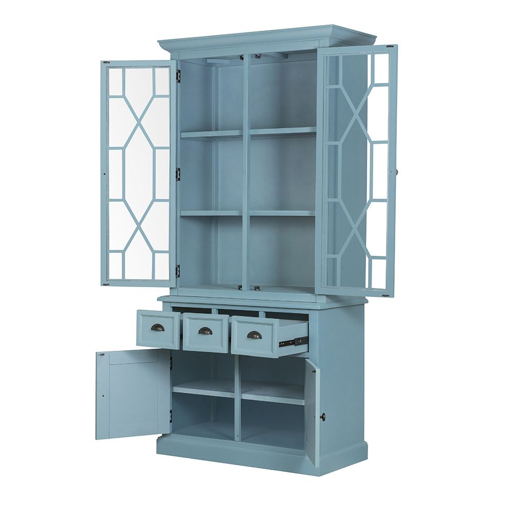 Solid Acacia Wood Accent Cabinet with Glass Doors - Light Blue or Light Brown