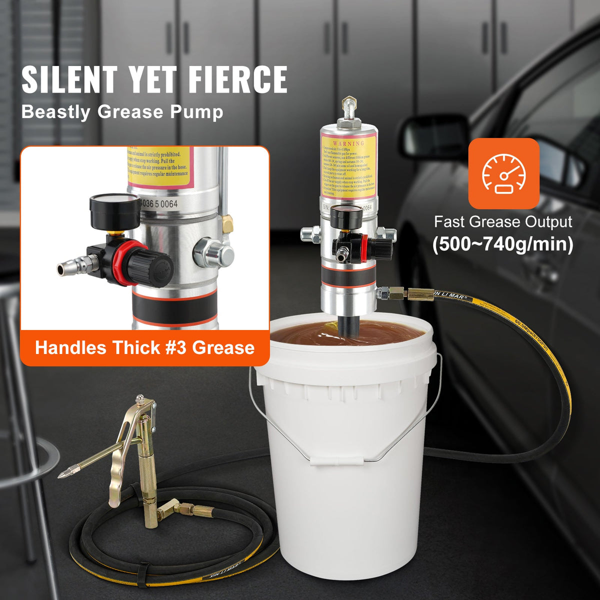 Air Operated Grease Pump with 13 ft Hose and 360° Swivel Gun - Cast-Aluminum