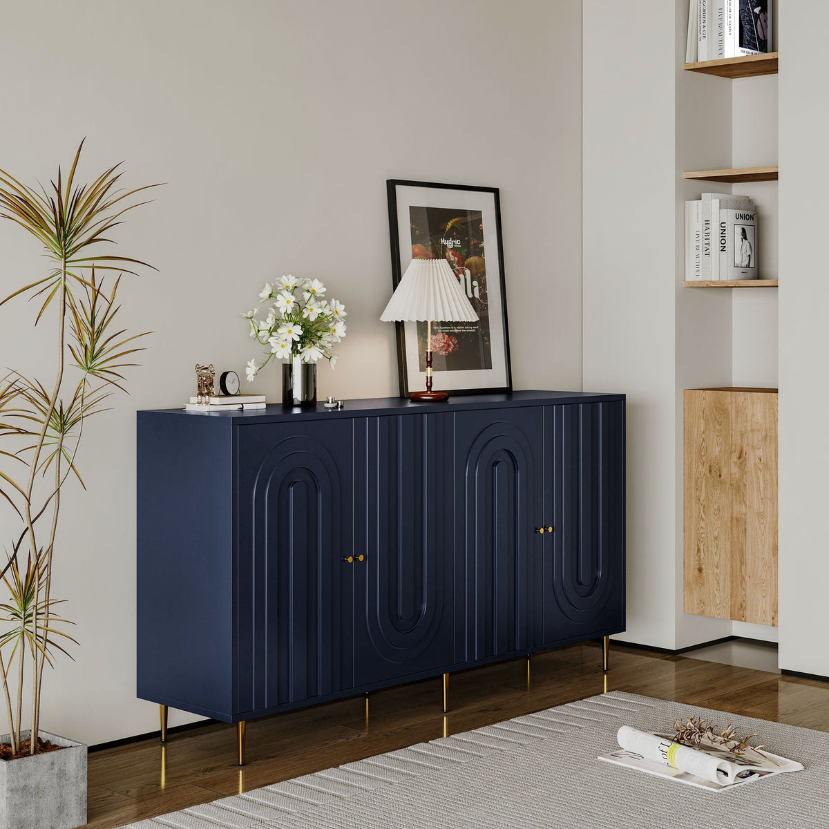 Modern Lacquered 4 Door Sideboard Buffet Server Cabinet with Adjustable Shelves - Gray or Blue